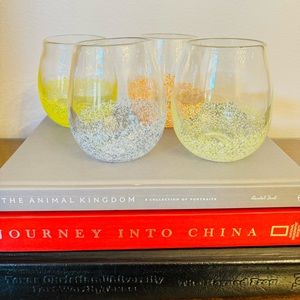 Hand Blown Confetti Glasses Green Stemless Wine Glasses Set of 4 Multi Unmarked